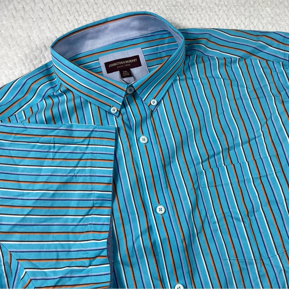Johnston & Murphy Turquoise Blue Striped Short Sleeve Button Down Shirt Size 2XL